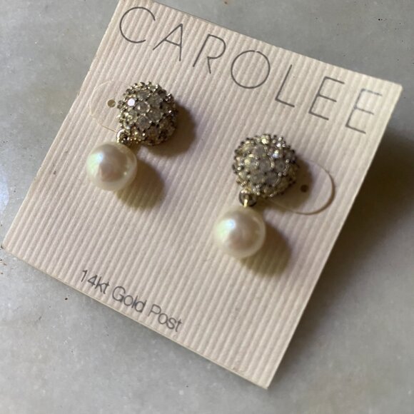 NWT Carolee CZ & glass pearl 14kt gold post pierced earrings coquette romantic - Picture 3 of 5